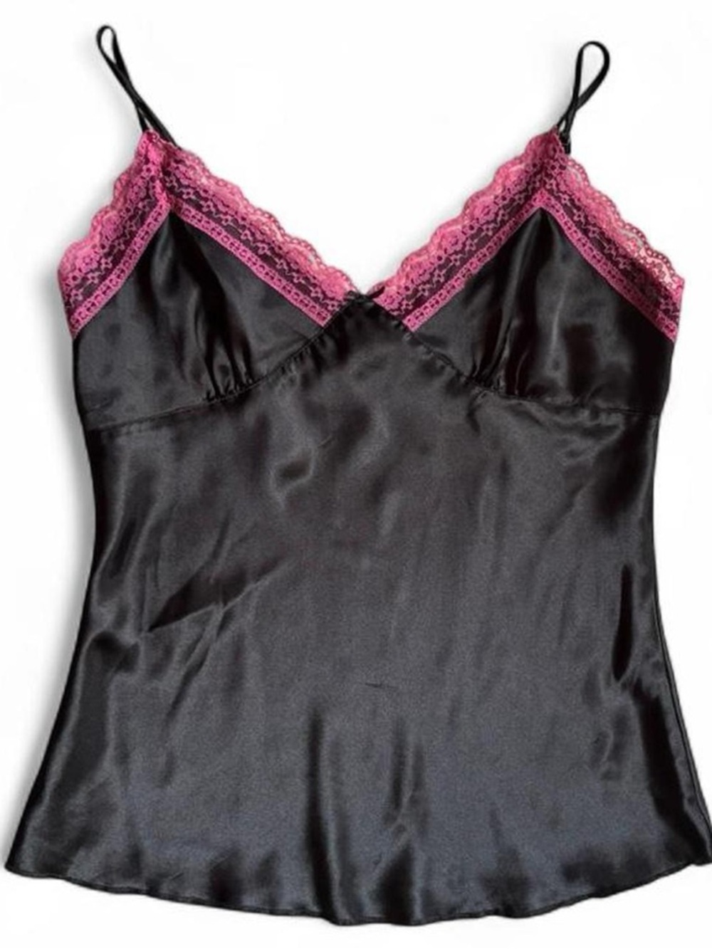 Silk-Feel Black Camisole with Pink Lace Trim size large